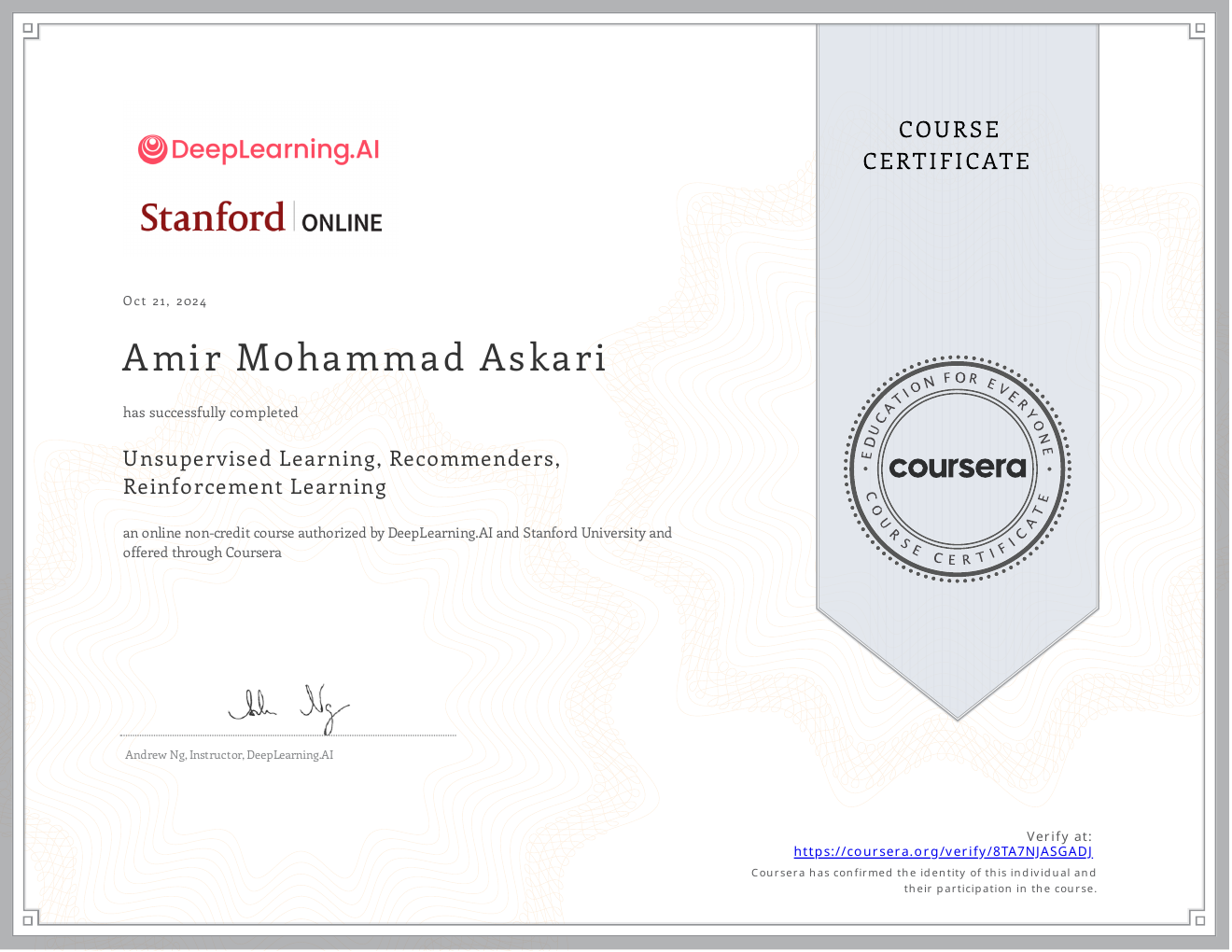 Unsupervised Learning, Recommenders, Reinforcement Learning