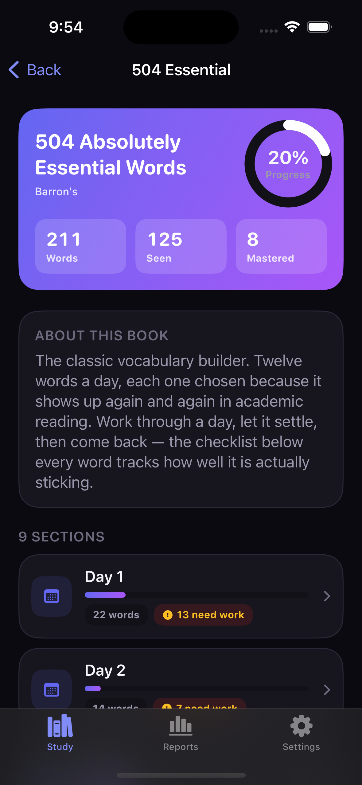 Book introduction screen with section list