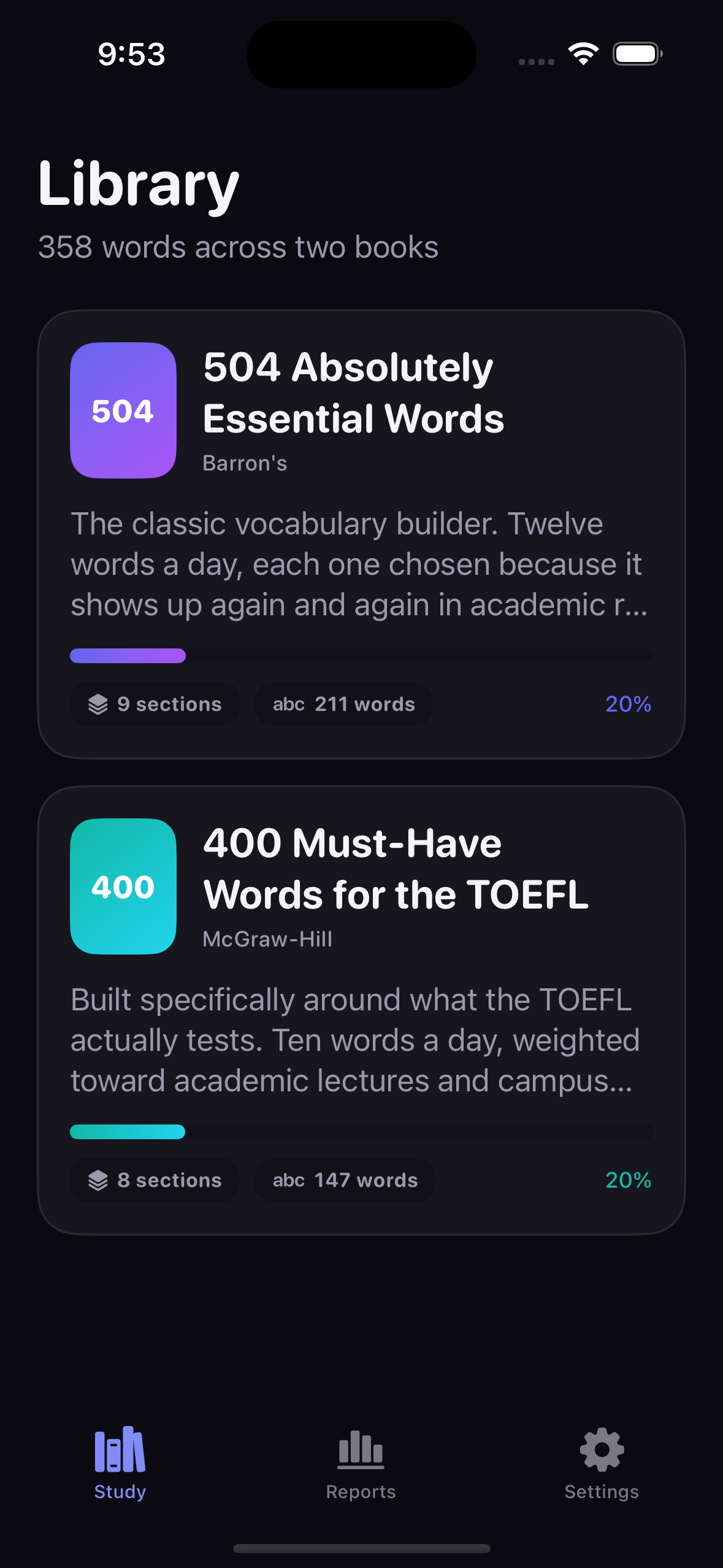 Library screen listing both vocabulary books with progress meters