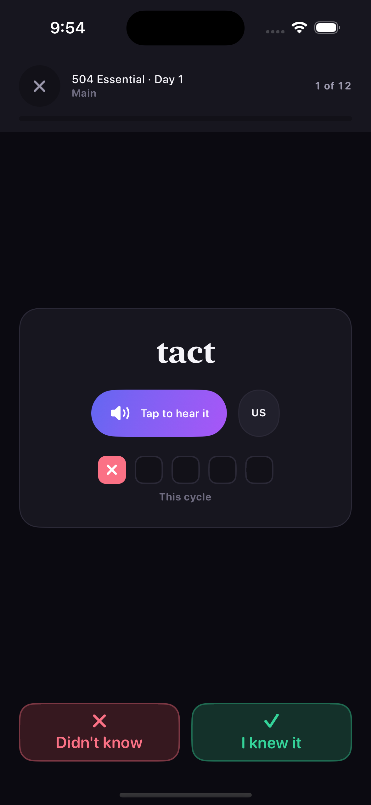 Practice screen showing a word, pronunciation control and the five-box checklist