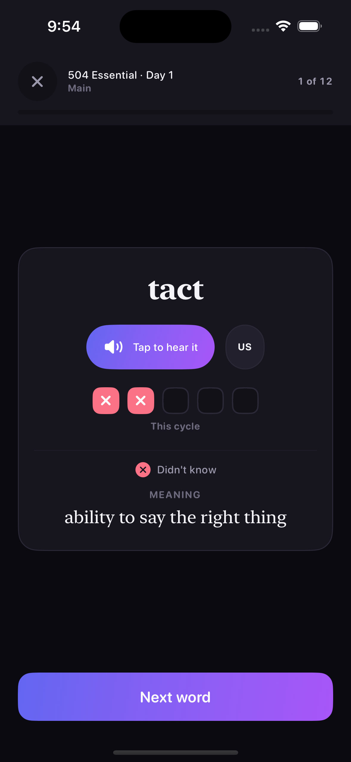 Practice screen after answering, showing the revealed definition