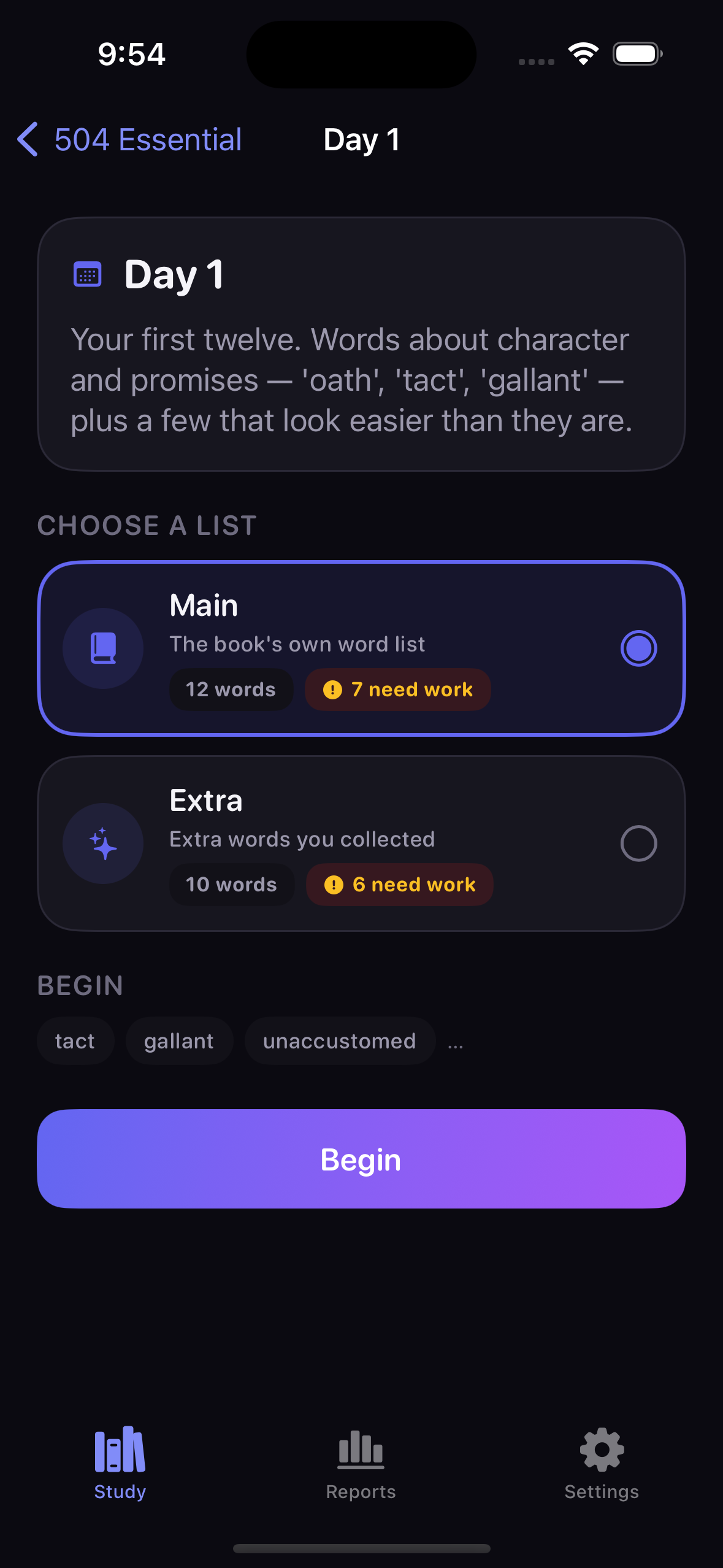 Section screen with Main and Extra list pickers and a preview of queued words