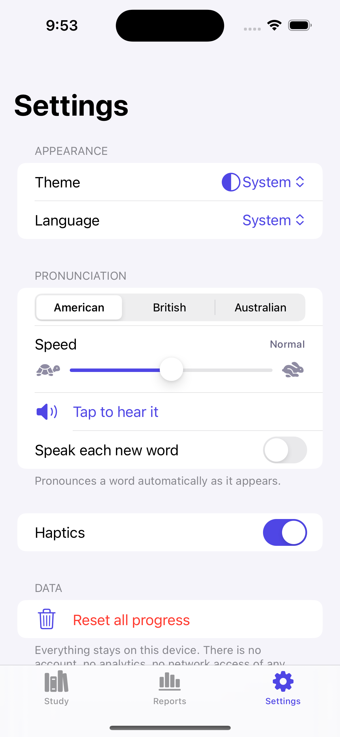 Settings screen in light appearance