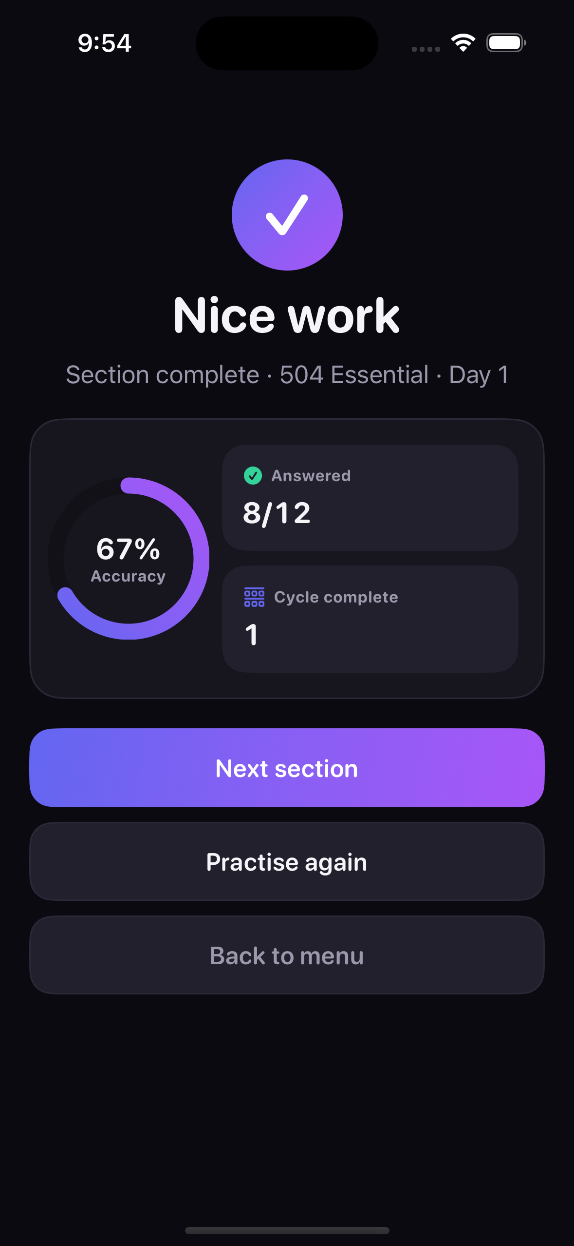 Session summary showing accuracy ring and next-step options